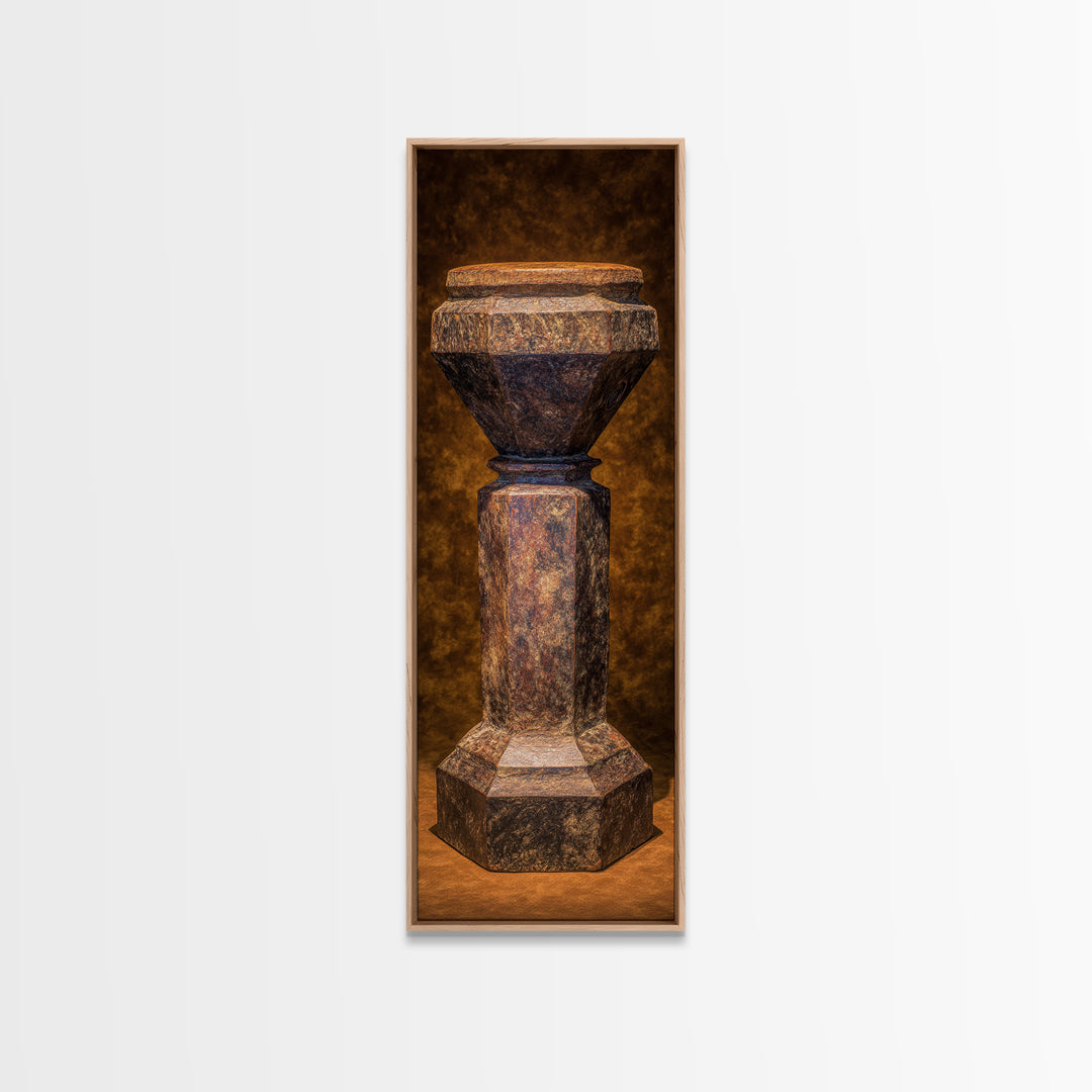 Rustic African Pedestal Sculpture Framed Canvas Print, Tribal Art Decor, Earth Tone Wall Decor, Unique Cultural Home Decor