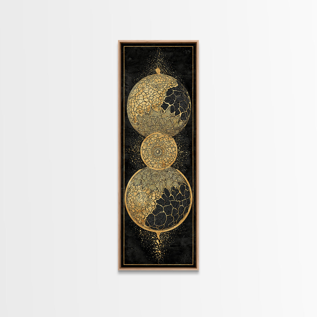 Cracked Gold Celestial Orbs On Black Canvas Print, African Abstract Wall Art, Modern Geometric Decor, Luxury Statement Home Gift