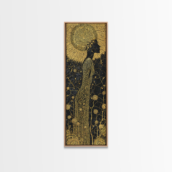Gold Black African Woman Canvas Print, Elegant Silhouette Floral Pattern, Black Goddess Art, Luxury Afrocentric Wall Decor