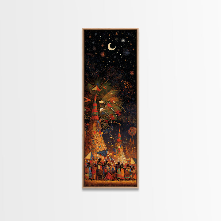 Starry African Village Night Wall Art, Crescent Moon Festival Scene, Afrocentric Decor, Mystical Cultural Canvas Print Gift