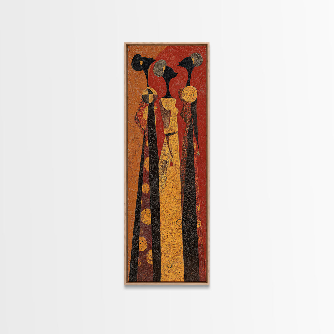 Stylized African Women In Tall Robes Framed Canvas Print, Tribal Queen Wall Art, Ankara Pattern Afrocentric Home Decor Gift
