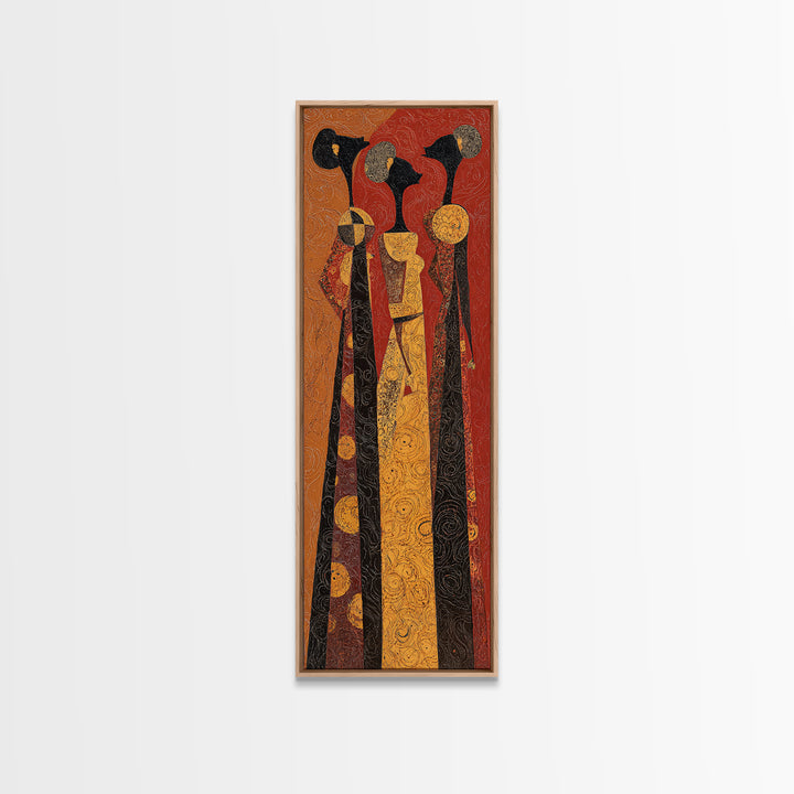 Stylized African Women In Tall Robes Framed Canvas Print, Tribal Queen Wall Art, Ankara Pattern Afrocentric Home Decor Gift