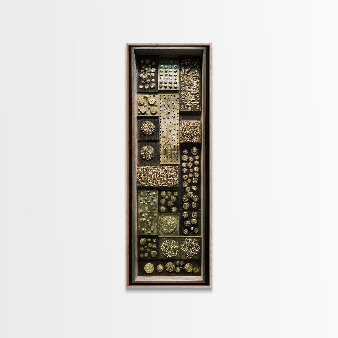 Textured Gold Tribal Assemblage Framed Canvas Print, African Inspired Wall Decor, Ethnic Abstract Art, Bold Unique Home Gift