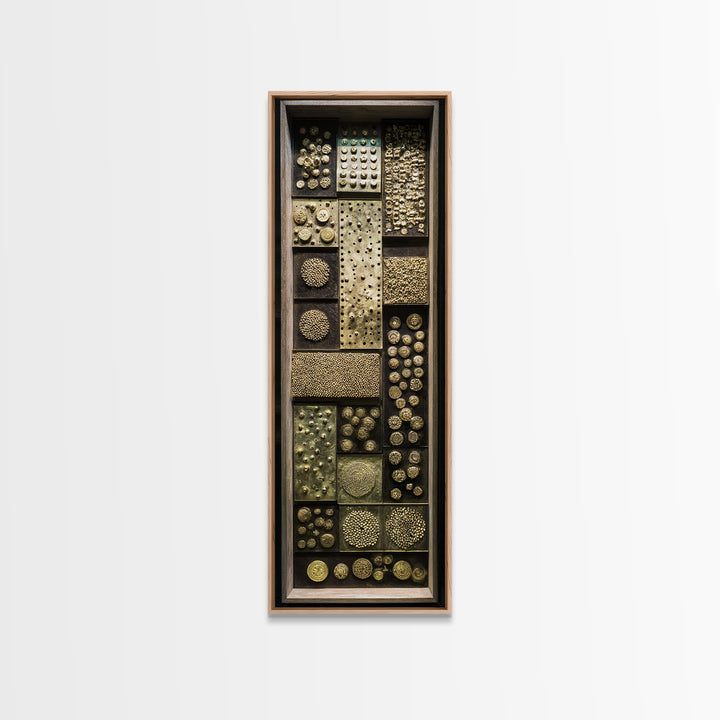 Textured Gold Tribal Assemblage Framed Canvas Print, African Inspired Wall Decor, Ethnic Abstract Art, Bold Unique Home Gift