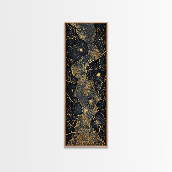 Gold Celestial African Woman Figure On Black Map Lines, Wall Art, Abstract African Art Print, Luxury Canvas Decor Gift For Her