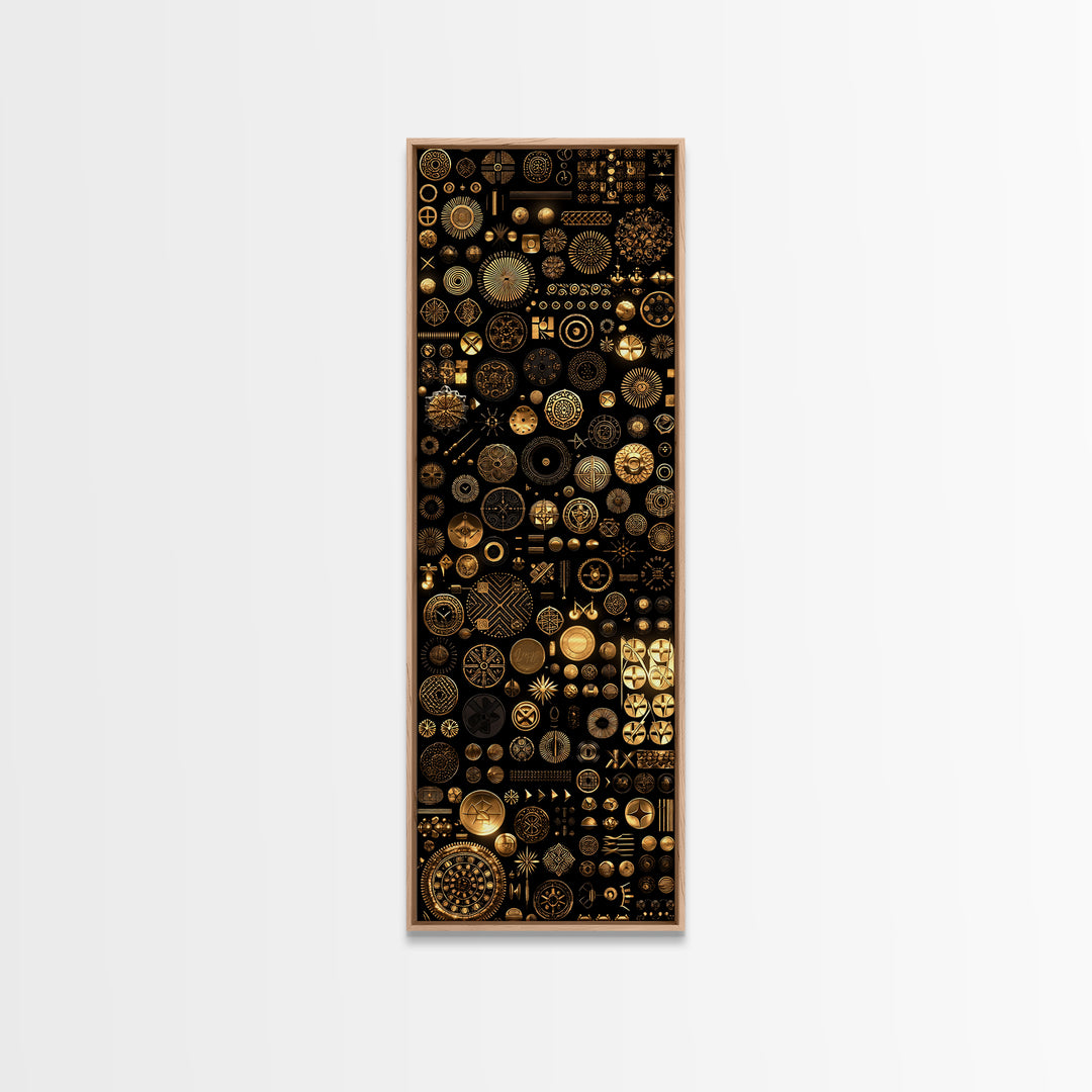 Gold African Symbol Collage On Black Wall Art, Geometric Tribal Decor, Afrocentric Patterns, Modern Canvas Print Unique Gift