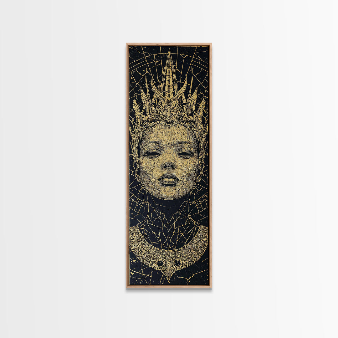 Golden Crowned African Queen Portrait Wall Art, Black Woman Canvas, Afrocentric Decor, Tribal Goddess, Luxury Home Decor