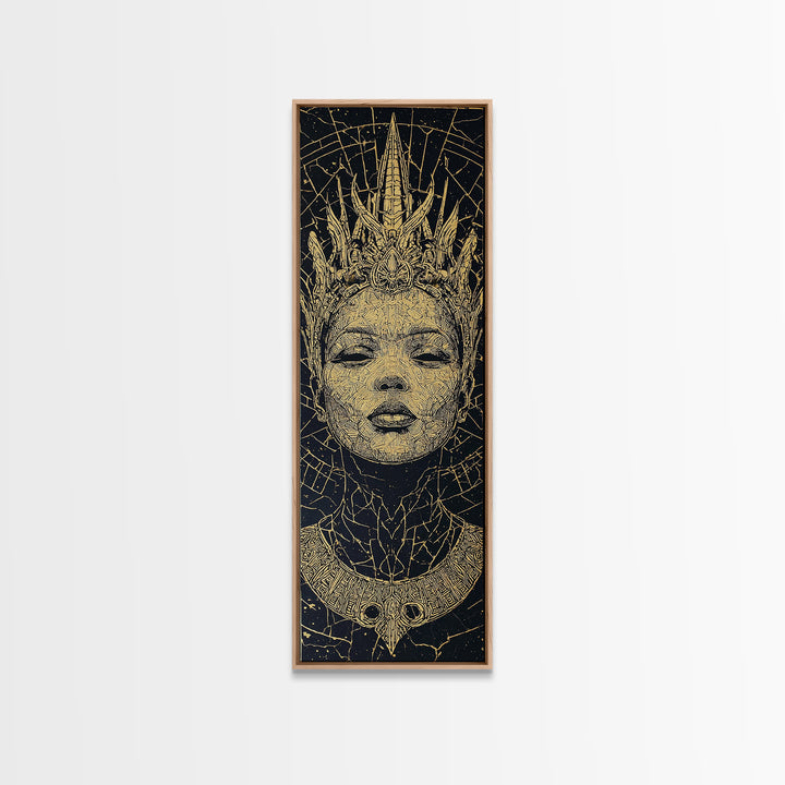 Golden Crowned African Queen Portrait Wall Art, Black Woman Canvas, Afrocentric Decor, Tribal Goddess, Luxury Home Decor