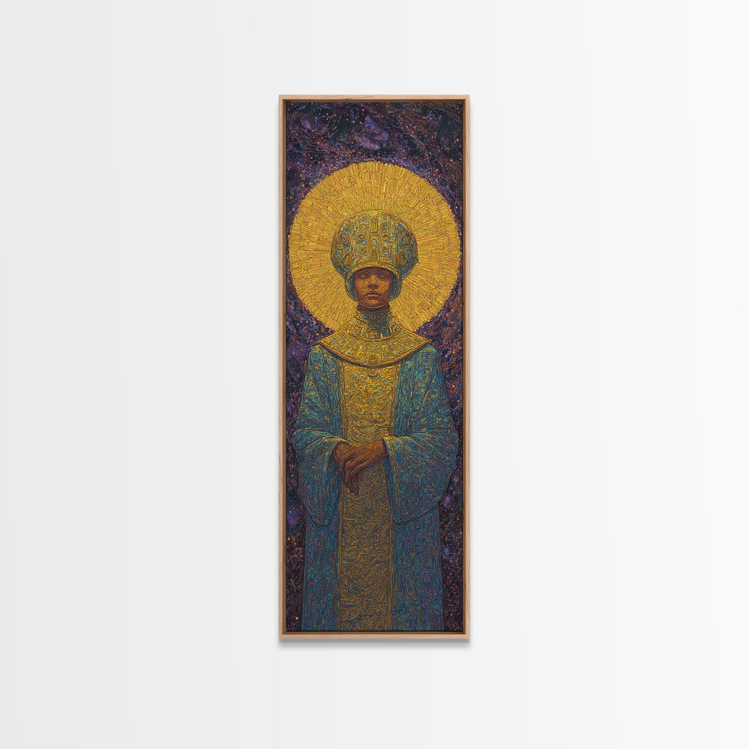 Golden Halo African Monarch Framed Canvas Print, Royal Black Art, Afrocentric Wall Decor, Spiritual Portrait, Statement Art