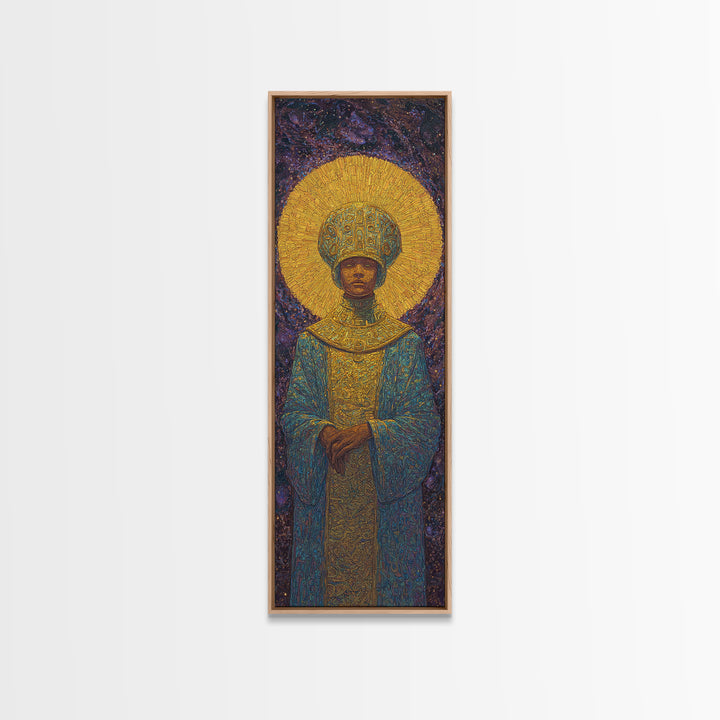 Golden Halo African Monarch Framed Canvas Print, Royal Black Art, Afrocentric Wall Decor, Spiritual Portrait, Statement Art