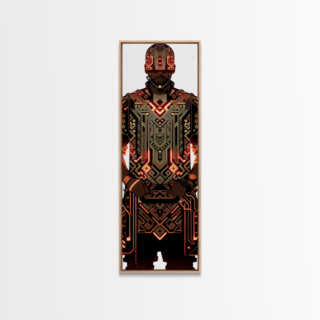 Futuristic African Warrior In Glowing Armor Canvas Print, Afrofuturism Decor, Tribal Art, Black Man Portrait, Bold Wall Decor