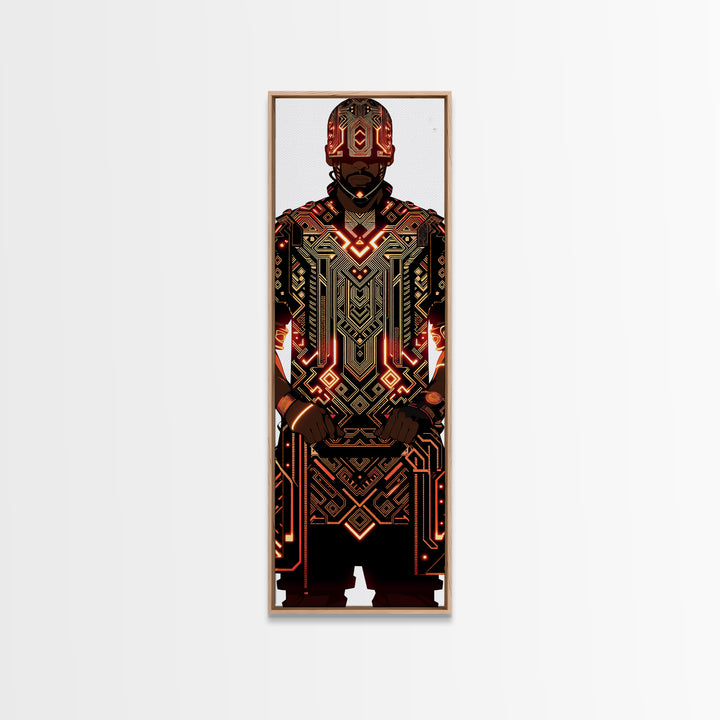 Futuristic African Warrior In Glowing Armor Canvas Print, Afrofuturism Decor, Tribal Art, Black Man Portrait, Bold Wall Decor