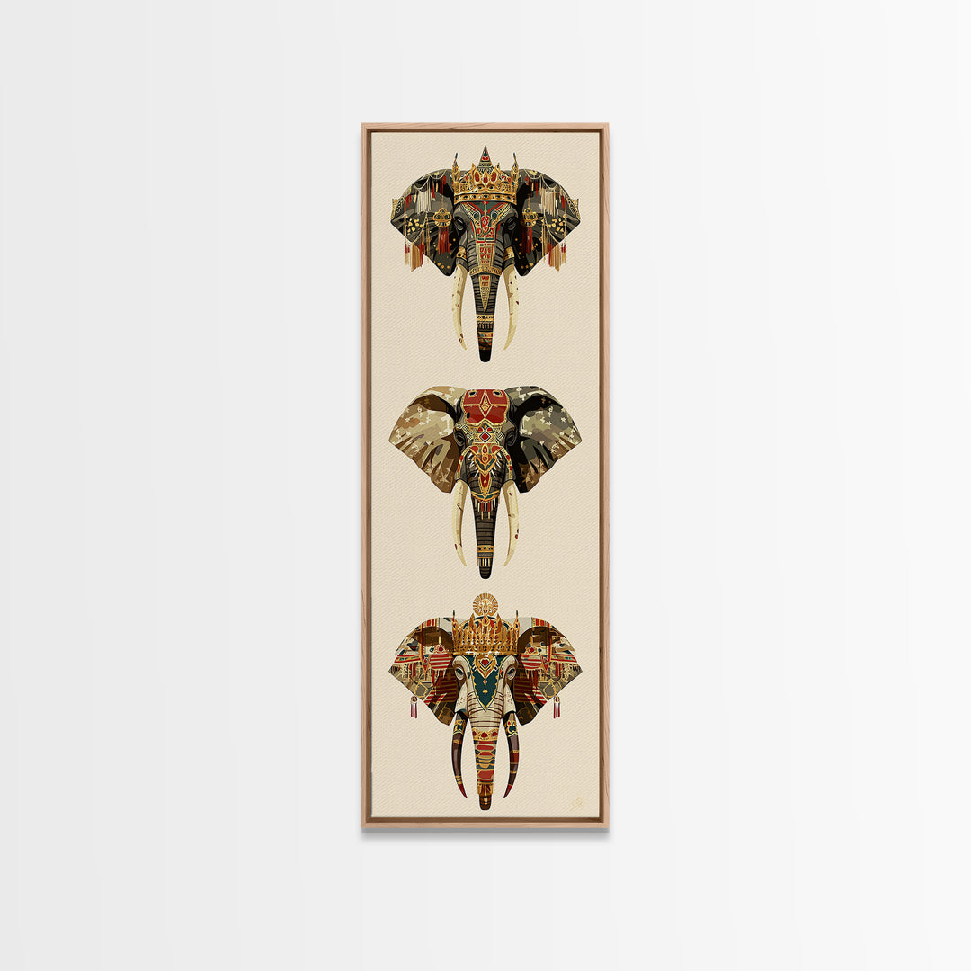 Jeweled African Elephant Trio Canvas Print, Regal Safari Wall Decor, Tribal Animal Art, Crowned Elephant, Boho Home Decor