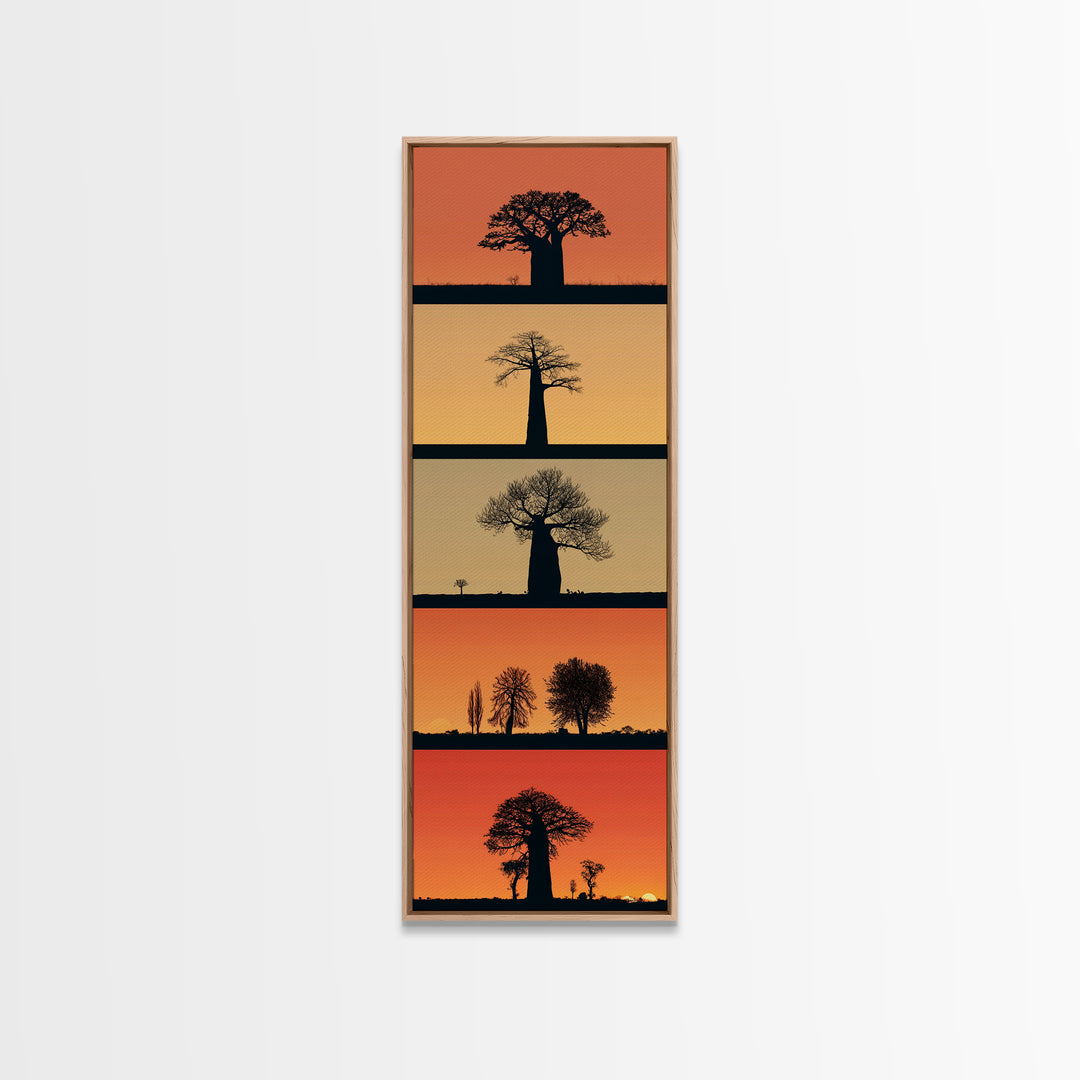 Minimal Baobab Horizon Panels, African Wall Art, Sunset Tree Silhouette, Modern Safari Decor, Vertical Framed Canvas Print