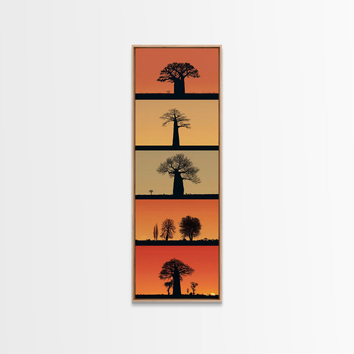 Minimal Baobab Horizon Panels, African Wall Art, Sunset Tree Silhouette, Modern Safari Decor, Vertical Framed Canvas Print