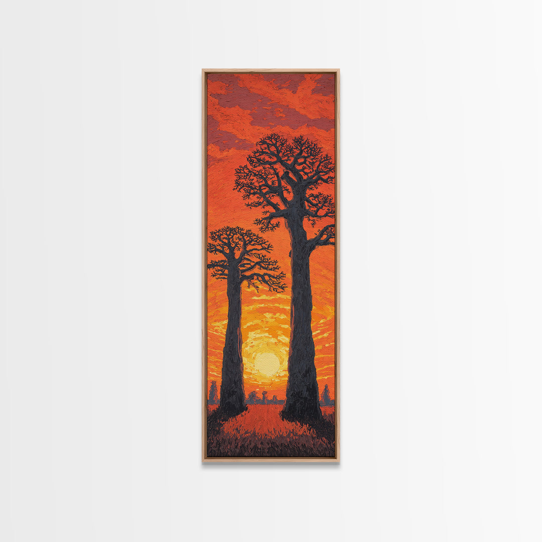 Twin Baobab Trees At Fiery Sunset, African Wall Art, Safari Landscape, Orange Motherland Decor, Framed Canvas Print Gift