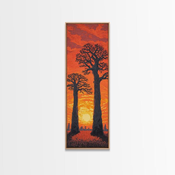 Twin Baobab Trees At Fiery Sunset, African Wall Art, Safari Landscape, Orange Motherland Decor, Framed Canvas Print Gift