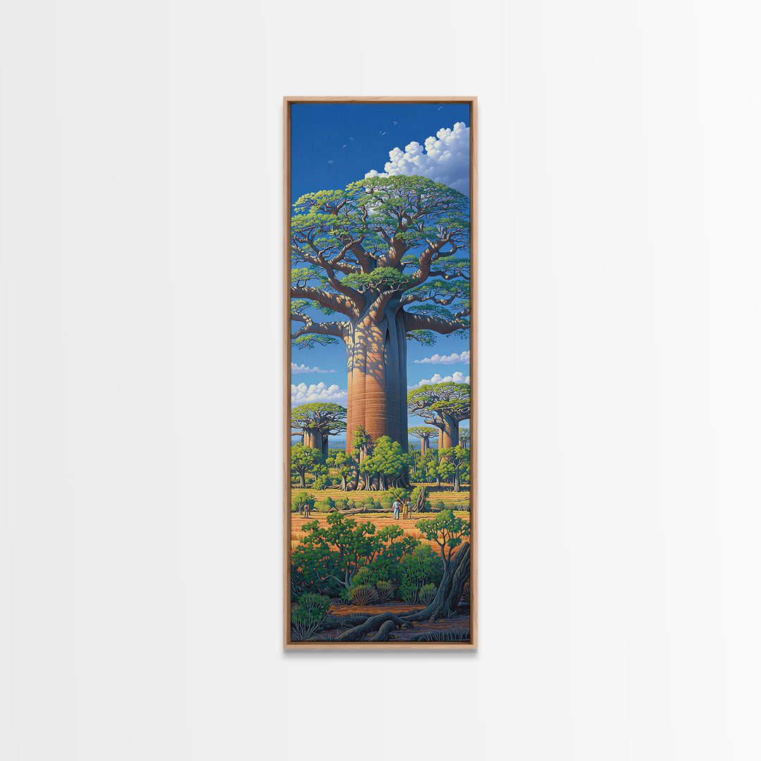 Lush Baobab Village Landscape, African Wall Art, Blue Sky Safari Decor, Madagascar Tree Scene, Premium Canvas Print Gift