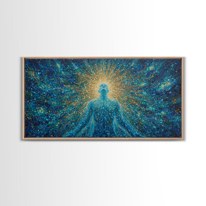 Glowing Spirit Figure In Cosmic Blue Framed Canvas Print, Spiritual Wall Art, Afrocentric Decor, Mystical Abstract Art, Meditation Decor