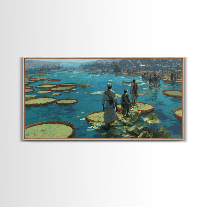 Figures Crossing Giant Lily Pads Canvas Print, African Landscape Wall Decor, Surreal Nature Scene Art, Blue Wetland Home Decor