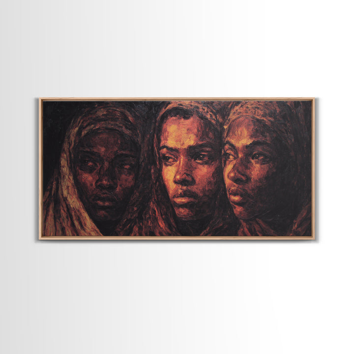 Three African Women Portrait Wall Art, Black Female Art, Afrocentric Decor, Burnt Orange Canvas, Elegant Cultural Home Decor Gift