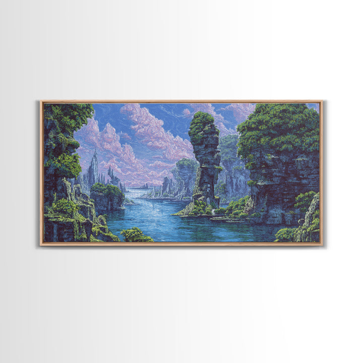 Serene Blue River Cliffs Framed Canvas Print, African Landscape, Nature Scene Art, Dreamy Wall Art For Elegant Home Decor