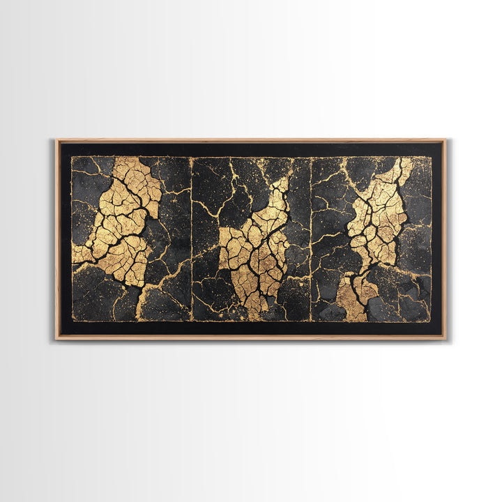 Black And Gold Cracked Triptych Abstract Wall Art, African Inspired Luxury Canvas Decor, Modern Textured Statement Print
