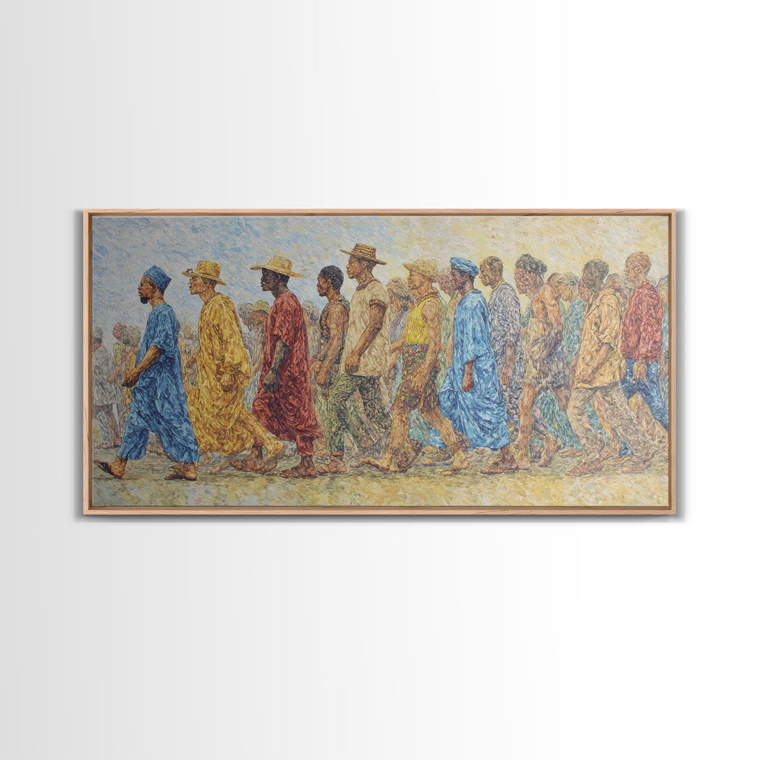 African Procession In Sunlit Robes Canvas Print, Cultural Wall Decor, Panoramic Black Art For Living Room And Office Gallery