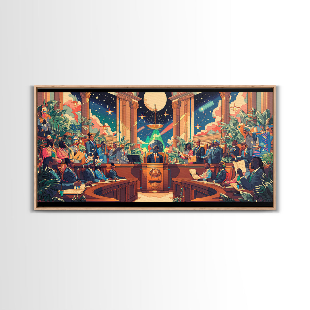 Afrofuturist Galactic Council Chamber Wall Art, African American Art Print, Colorful Sci Fi Courtroom Decor Poster Gift