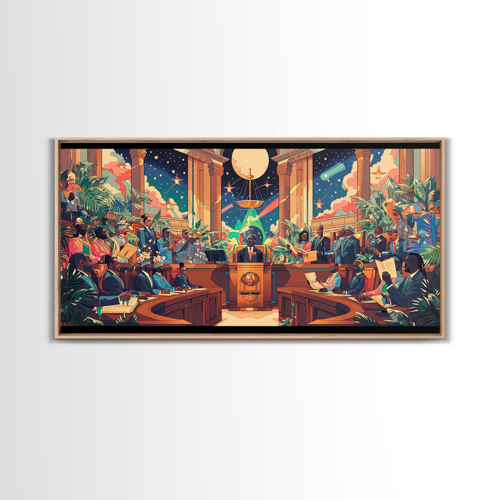 Afrofuturist Galactic Council Chamber Wall Art, African American Art Print, Colorful Sci Fi Courtroom Decor Poster Gift