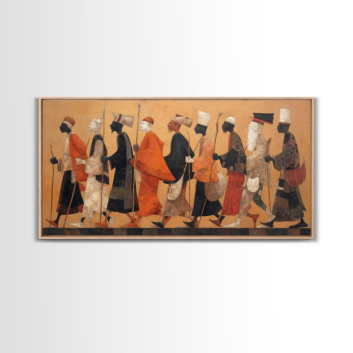 Traditional African Warriors Procession Wall Art, Tribal Culture Art Print, Earth Tone Safari Decor For Home Office Gallery