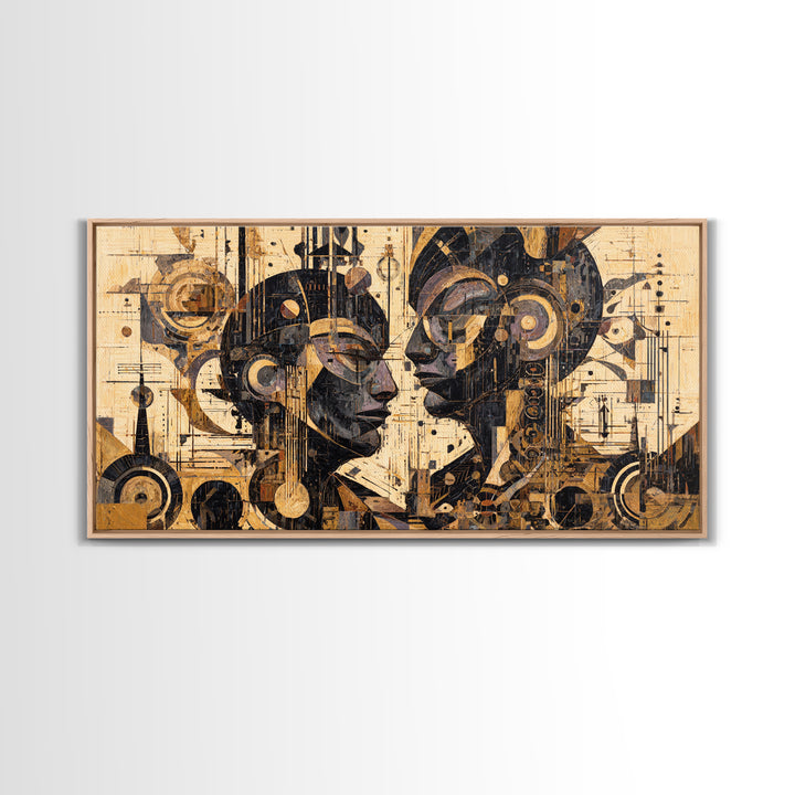 Geometric African Couple Profiles Framed Canvas Print, Abstract Afrocentric Wall Art, Gold Black Modern Cubism Decor Gift