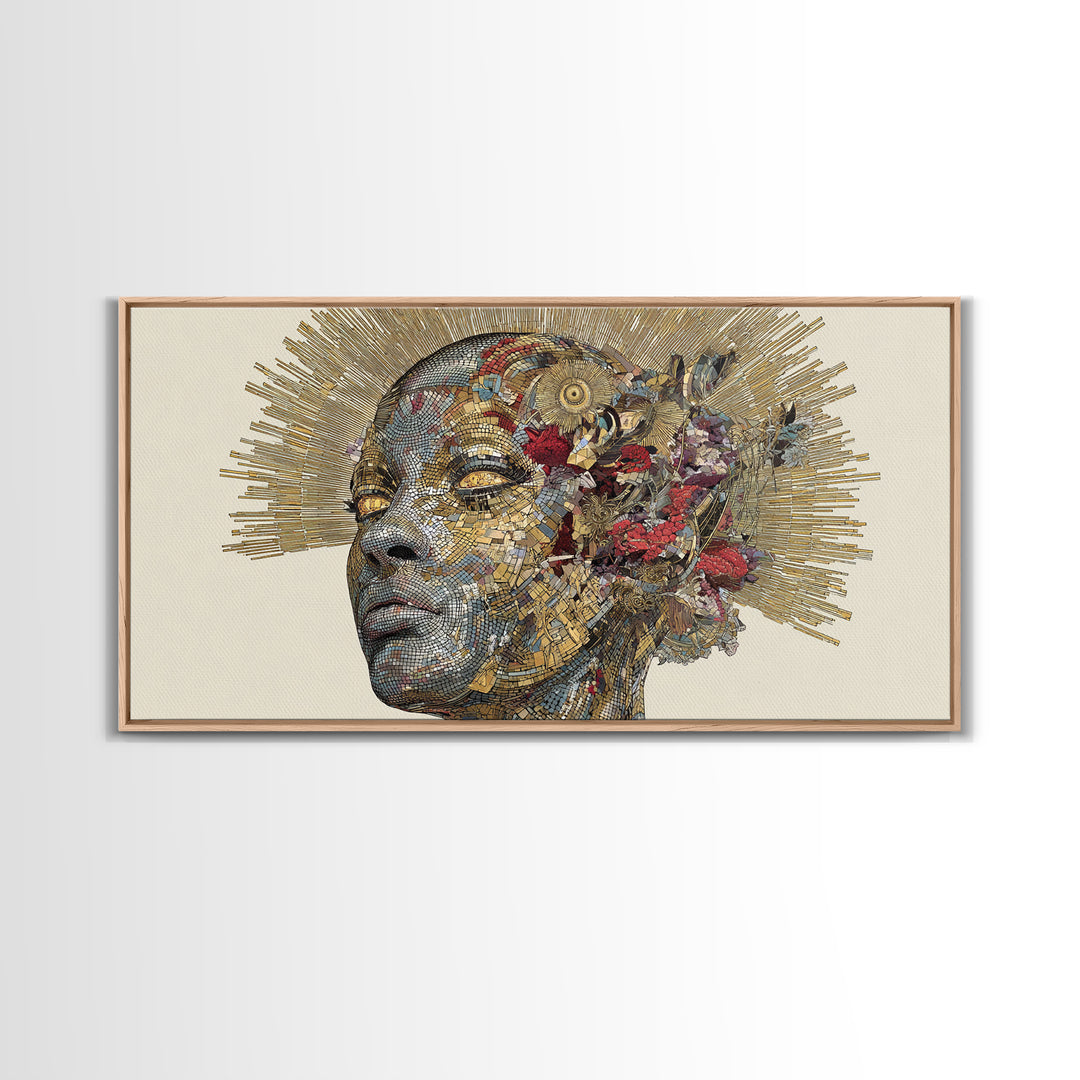 Black Woman Golden Halo Portrait Canvas Print, Mosaic Floral African Beauty Wall Art, Elegant Feminine Home Decor Gift Print