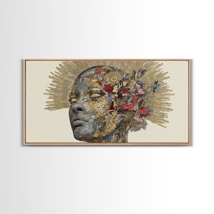 Black Woman Golden Halo Portrait Canvas Print, Mosaic Floral African Beauty Wall Art, Elegant Feminine Home Decor Gift Print