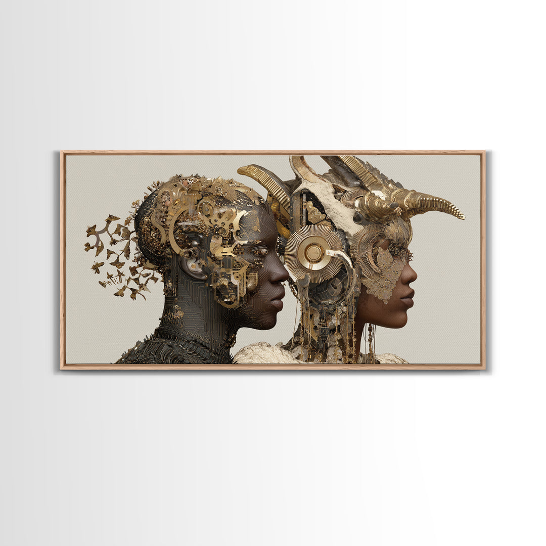 Afrofuturist Royal Couple With Horned Crowns Wall Art, African Goddess Portrait Canvas Print, Luxury Sci Fi Decor Gift Art