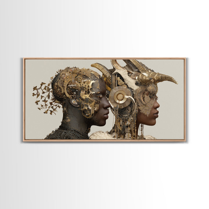 Afrofuturist Royal Couple With Horned Crowns Wall Art, African Goddess Portrait Canvas Print, Luxury Sci Fi Decor Gift Art