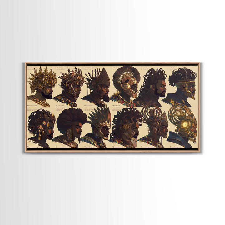 Ornate African Kings And Warriors Lineup Canvas Print, Royal Tribal Portrait Wall Art, Black Culture Decor Poster Gift Set