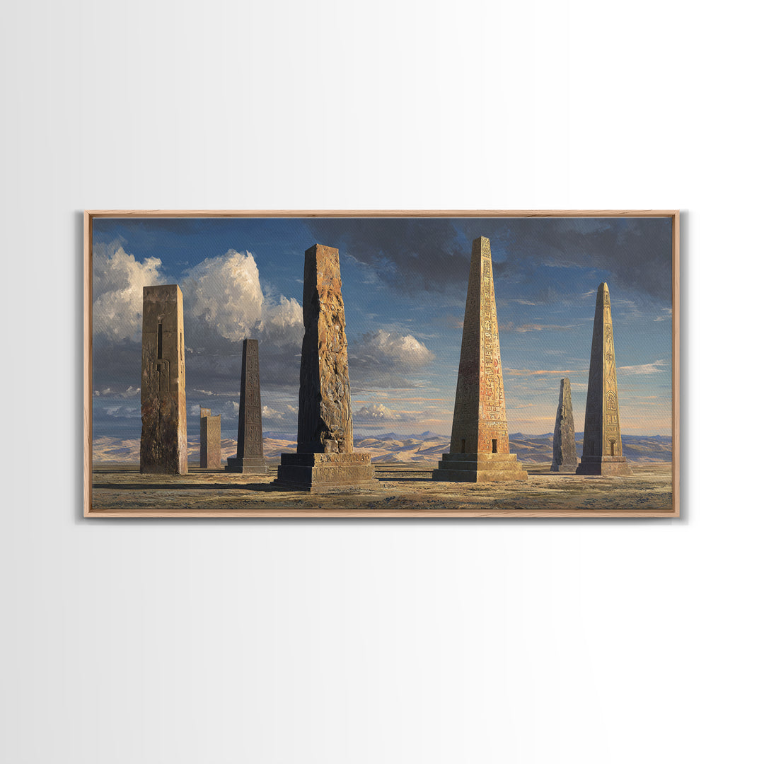 Ancient Carved Desert Obelisks Wall Art, African Egyptian Art Print, Monument Landscape, Earth Tone Home Decor Gift For Living Room