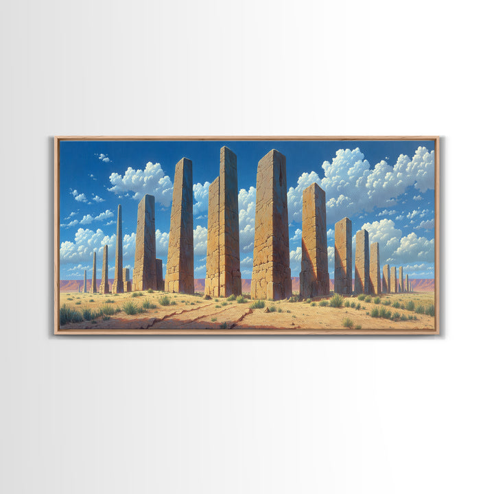 Sunlit Desert Pillars Wall Art, African Egyptian Art Print, Ancient Monument Canvas, Large Wall Decor For Office And Home