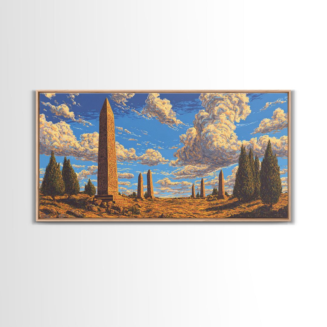 Golden Sky Obelisk Garden Wall Art, African Landscape Print, Ancient Monument Decor, Boho Earth Tone Living Room Artwork