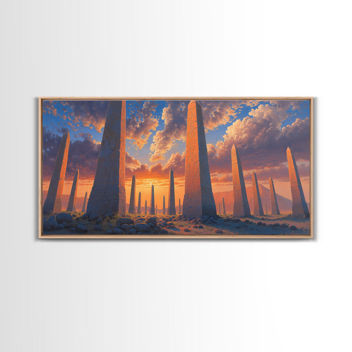 Sunset Obelisk Field Wall Art, African Egyptian Art Print, Ancient Desert Landscape, Warm Orange Statement Home Decor Gift