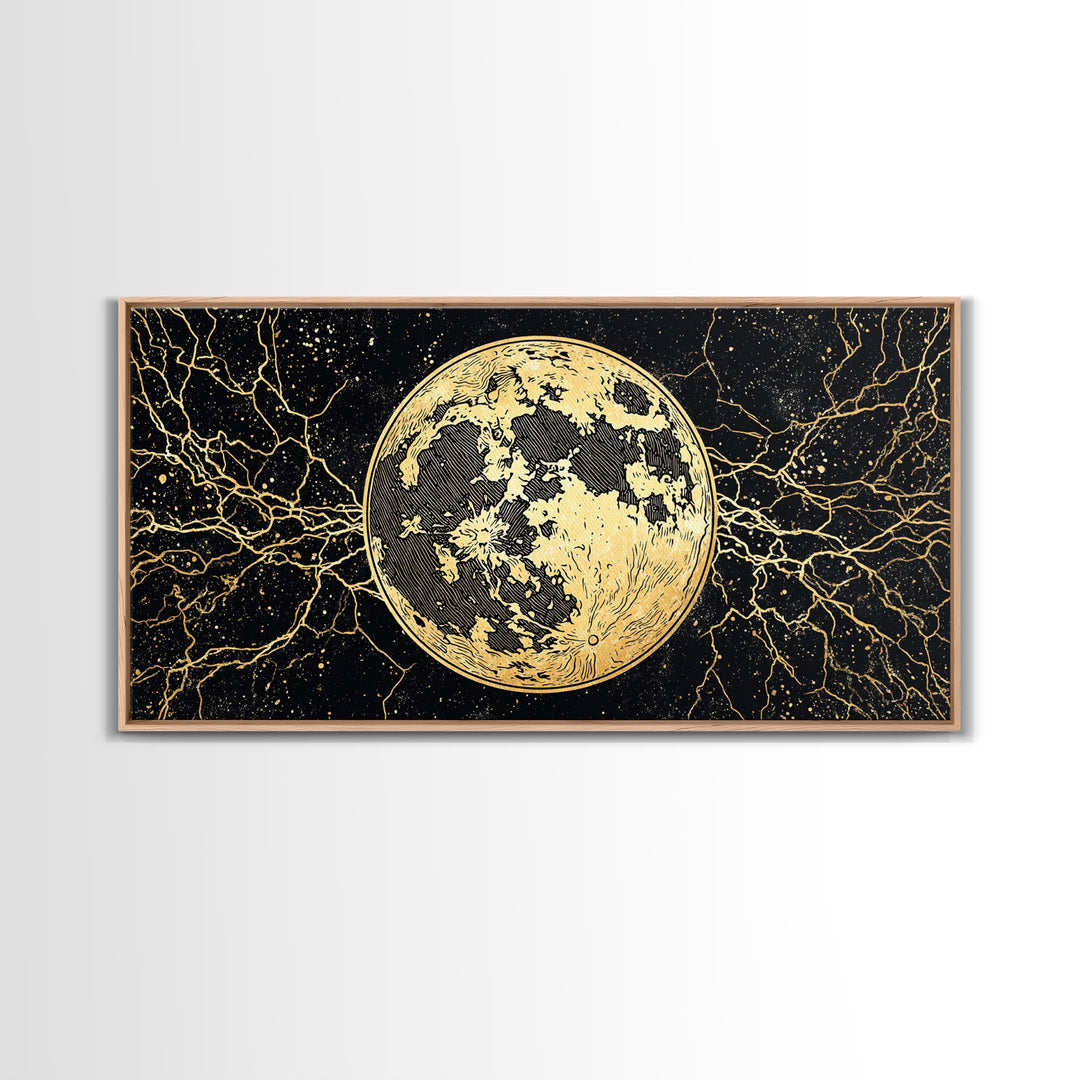 Golden Full Moon Wall Art, Black And Gold Celestial Canvas Print, Mystical Wall Decor, Abstract Night Sky Gift For Bedroom Home