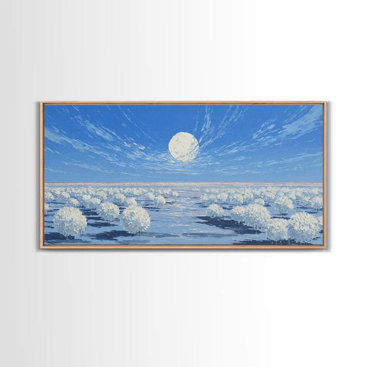 White Desert Bloom Field Canvas Print, African Landscape Wall Art, Dreamy Nature Scene, Blue Minimalist Home Decor Gift For Her