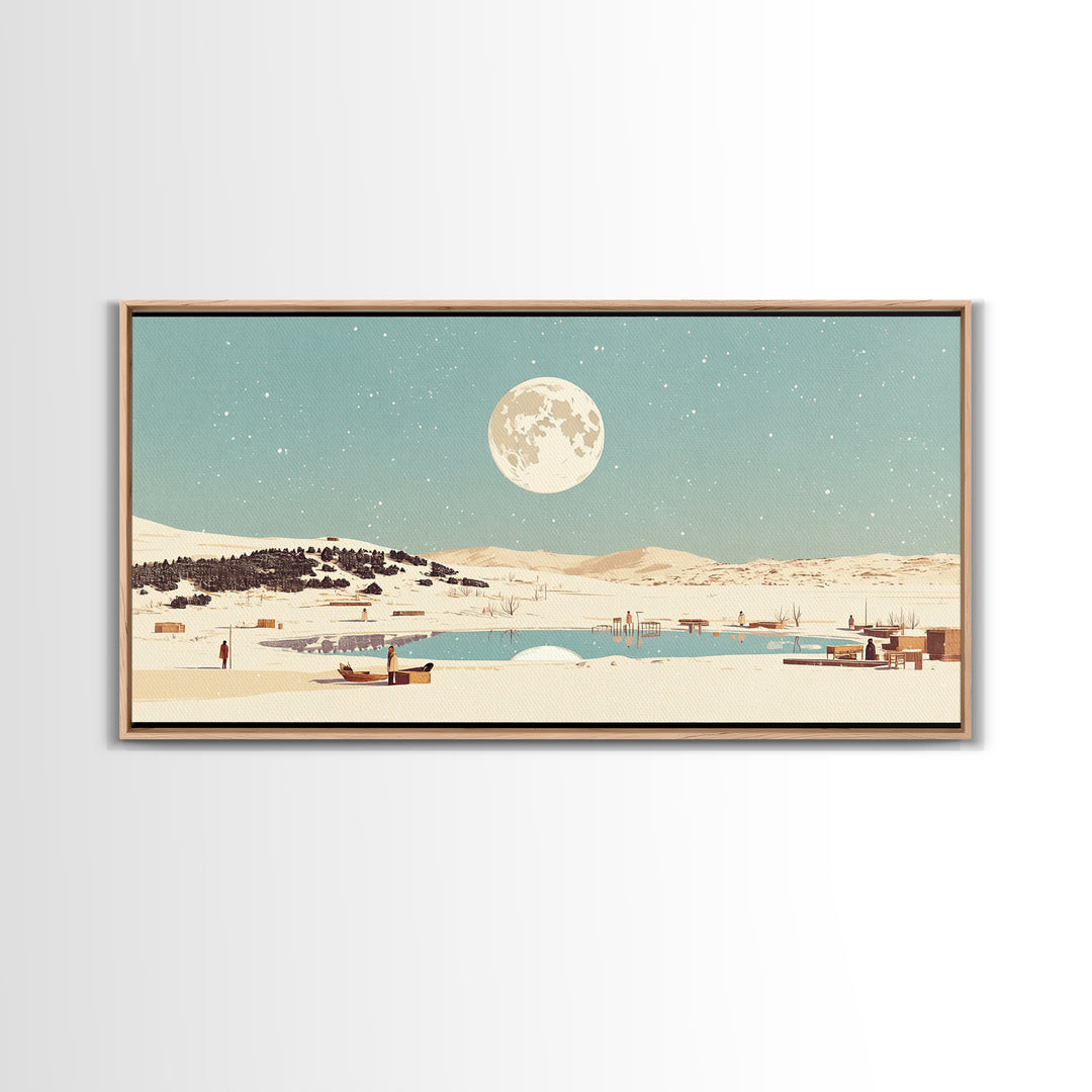 Moonlit Lake Village With Boats Canvas Print, African Landscape Wall Decor, Serene Travel Poster, Blue Bedroom Art Home Decor