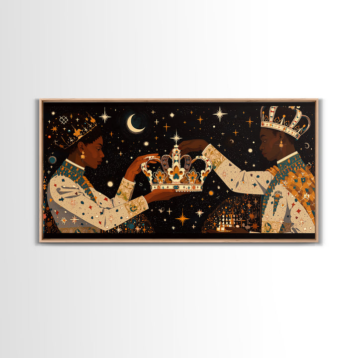 Celestial Black King And Queen Crowning Framed Canvas Print, African American Art, Royal Afrocentric Cultural Wall Decor