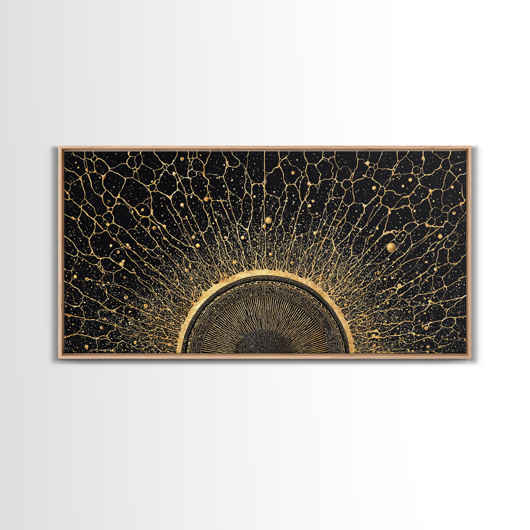 Golden Cosmic Sun Network Abstract Wall Art, Geometric African Inspired Decor, Black And Gold Modern Living Room Canvas Print