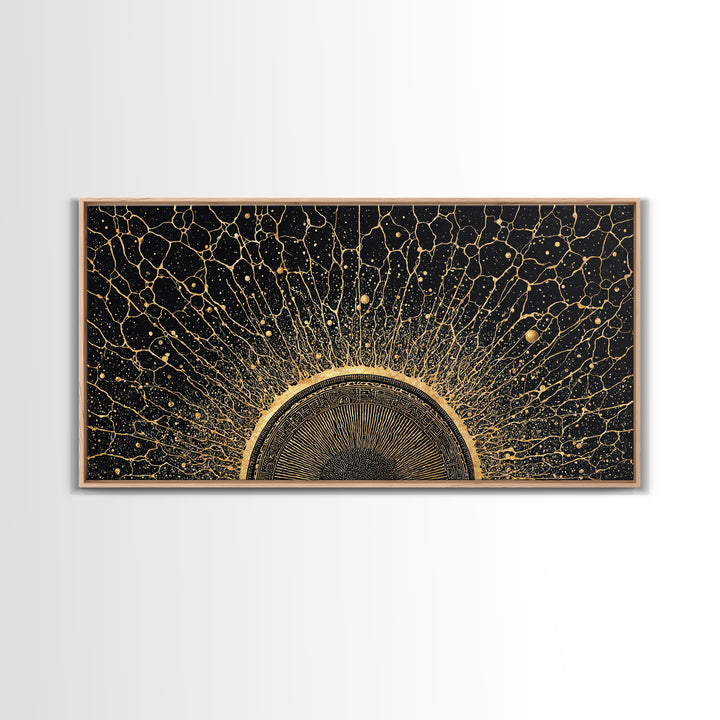 Golden Cosmic Sun Network Abstract Wall Art, Geometric African Inspired Decor, Black And Gold Modern Living Room Canvas Print