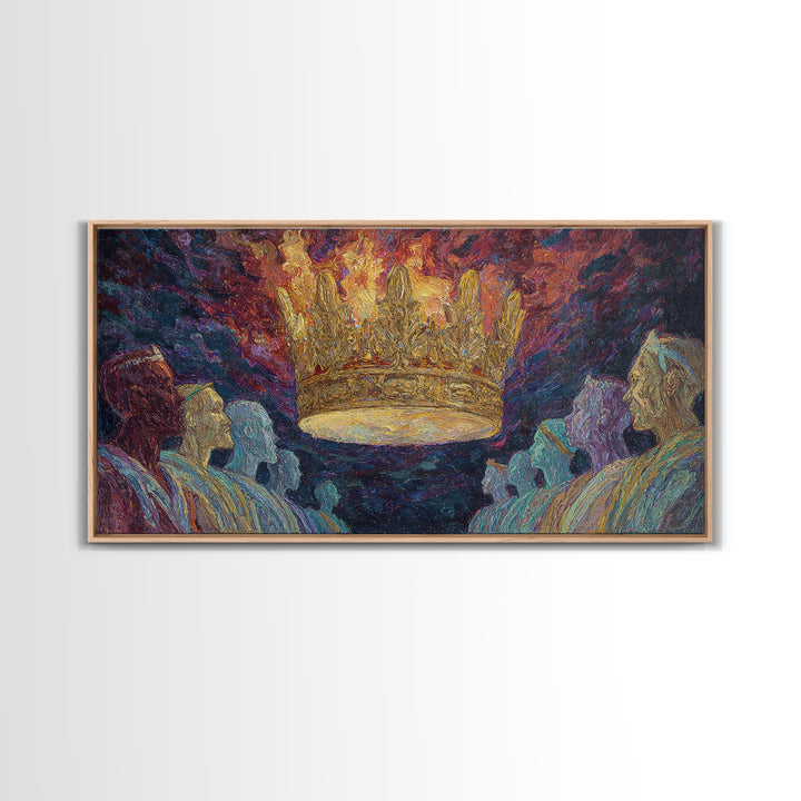 Fiery Floating Crown And Robed Figures Wall Art, African Royalty Painting, Black History Decor, Textured Canvas Print Gift