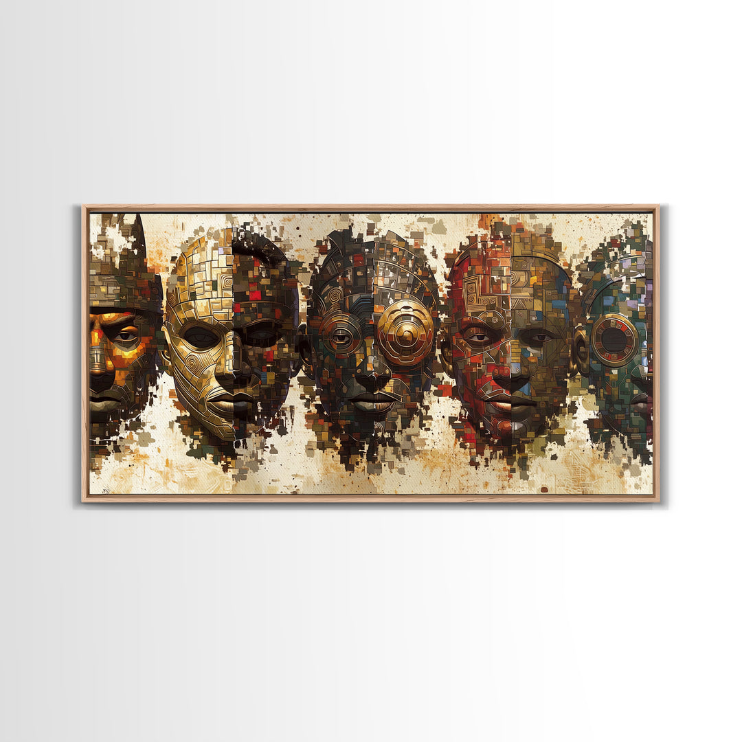 Mosaic African Masks With Metallic Texture Framed Canvas Print, Tribal Wall Decor, Cultural Afrocentric Statement Art Gift