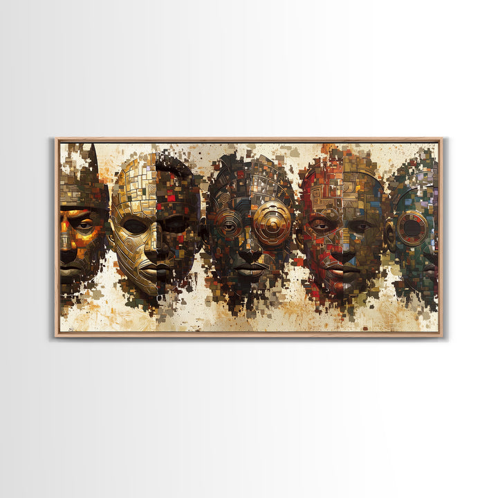 Mosaic African Masks With Metallic Texture Framed Canvas Print, Tribal Wall Decor, Cultural Afrocentric Statement Art Gift